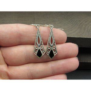 Sterling Silver Small Black Diamond Inlay Earrings Vintage Wedding Engagement